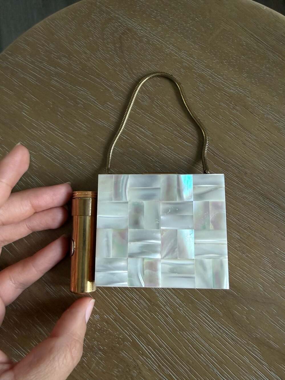 Vintage Mother of Pearl Powder Compact Mirror with Lipstick Holder